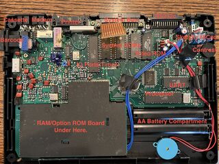 Tandy 200 Motherboard, labeled.